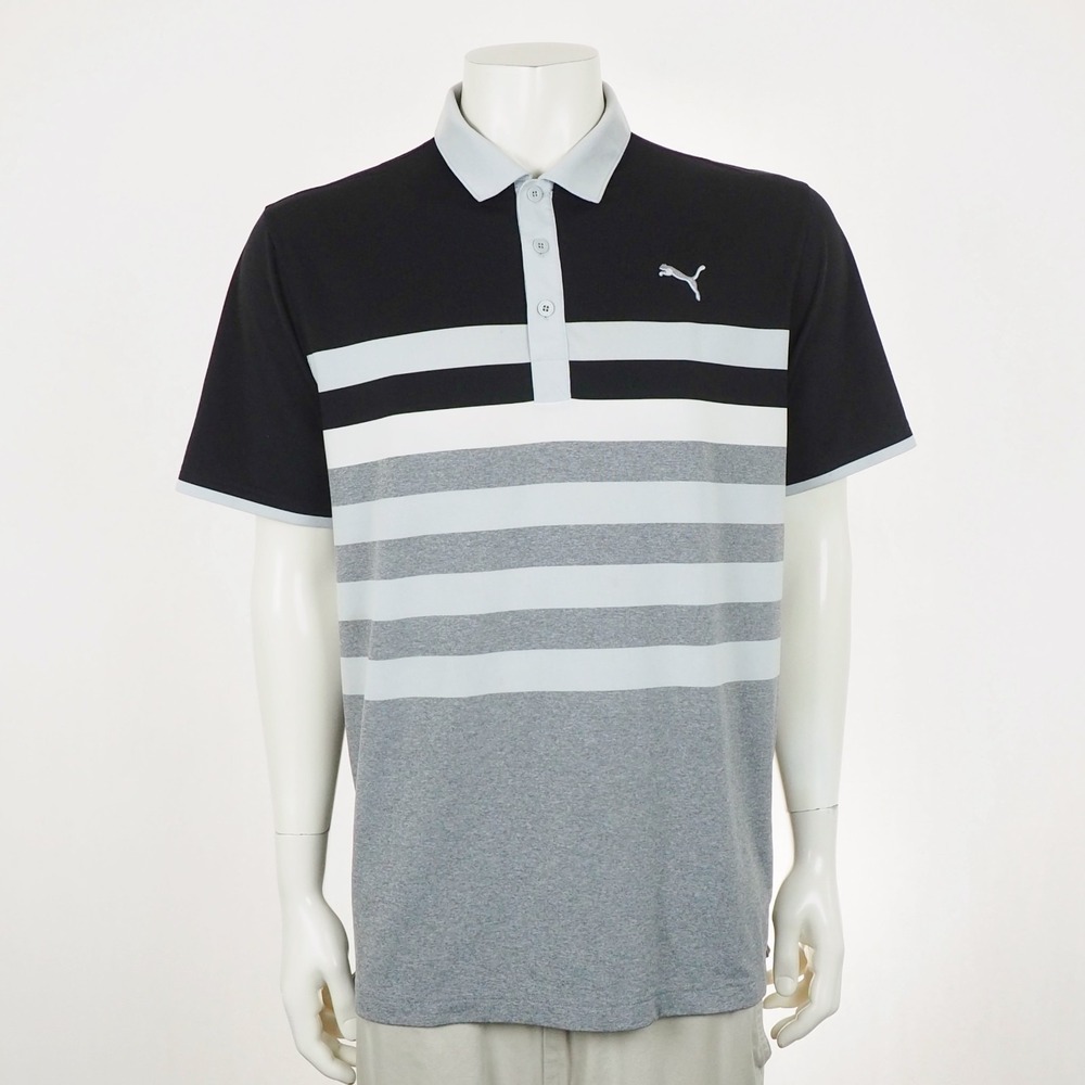 Puma Golf Mattr One Way Polo Shirt Mens Large Black Gray Striped Performance